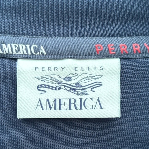 Perry Ellis America Navy Blue & White Pullover Fleece Sweater Size M w/ Pocket - Picture 4 of 13